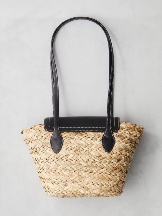 H&M Handbags - Woven Straw Tote with Black Leather Trim